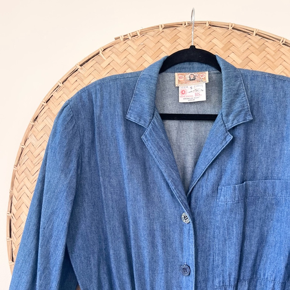 VINTAGE 80’S GENE EWING BIS BIS WRINKLED RICH DENIM DRESS W/ SHOULDER PADS - Picture 3 of 16